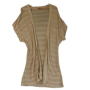 Belldini Cardigan Womens Med Tan Open Front Crochet Knit Batwing Longline Boho